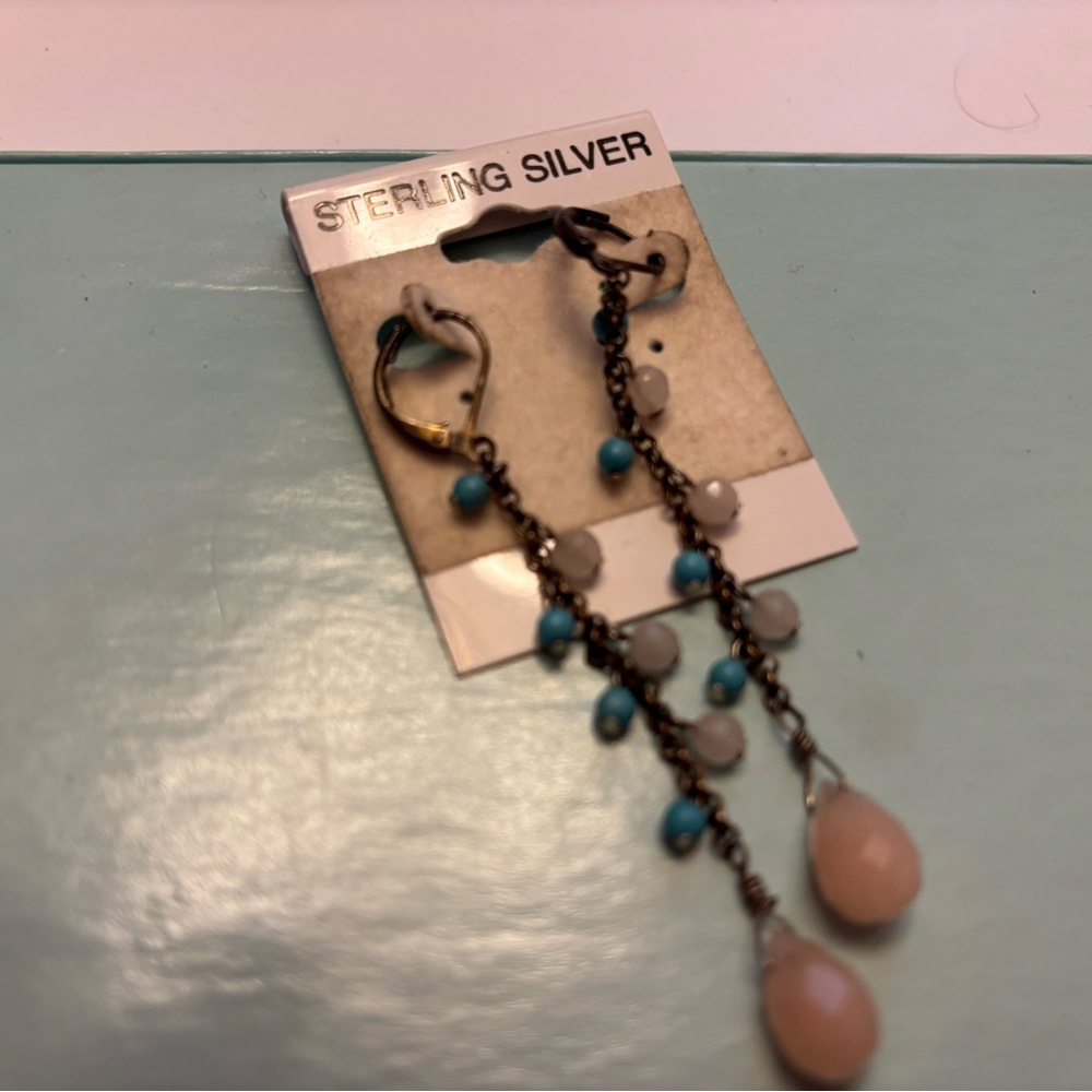 Sterling Silver Dangle Earrings with Turquoise and Pink Beads